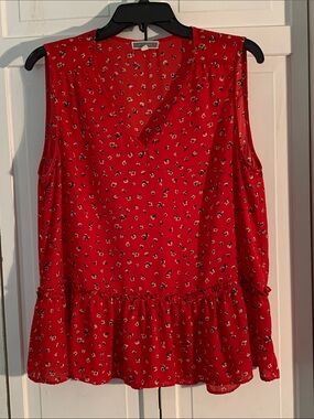 Pleione Red Sleeveless Floral Ruffle Hem Blouse